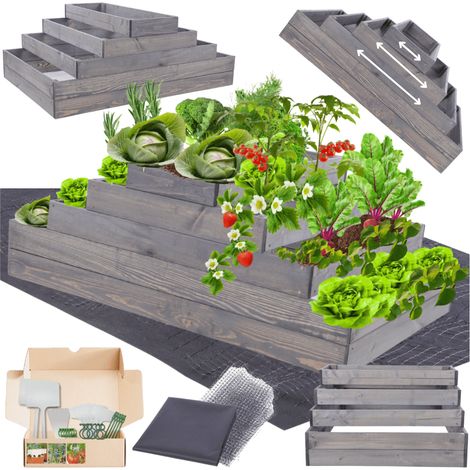 MODO24 ZP09 Carré potager surélevé en escalier modulable, bois de pin, herbes/légumes, jardin/terrasse/balcon, 45x117x90 cm, gris