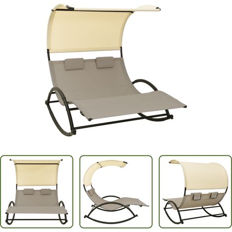 Sonnendach -  Doppel-Sonnenliege mit Sonnendach Textilene Taupe und Creme