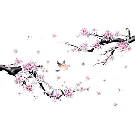 Sticker Mural - PVC Écologique - Branche de Pêcher avec Oiseaux et Pétales - Auto-Adhésif - Pour Mur d'Accent Salon Chambre Bureau - 2 Pièces (1/5)