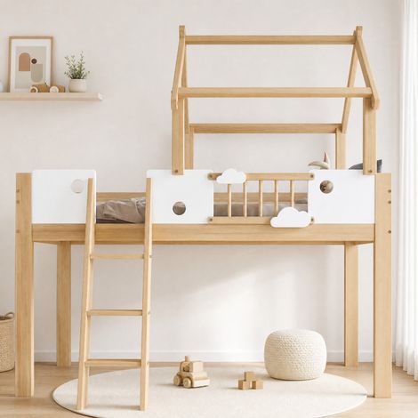 Letto a soppalco 90x200 cm in legno e MDF bianco con scala per camerette, senza materasso – MEUBLIV (1/5)