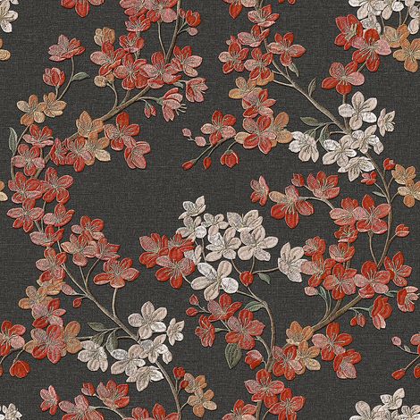 Blumen Tapete Profhome GR322207-DI heißgeprägte Vliestapete mit floralen Ornamenten schimmernd anthrazit karmin-rot alt-rosa oliv-braun 5,33 m2