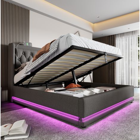 Bett mit Stauraum 140x200 cm, Baumwolle Grau, mit USB/Typ-C, LED-Beleuchtung und Lattenrost (1/5)