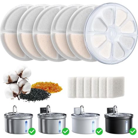 Filtres de remplacement pour fontaine à eau pour chat : 6 filtres + 1 boîtier de filtre en ABS + 6 éponges pour pompe à eau, hygiéniques et saines pour fontaine pour animaux de compagnie (1/5)