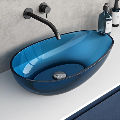 doporro Lavabo da Appoggio Ovale Asimmetrico 60x36x14 cm in Resina Trasparente Blu per Bagno e WC Ospiti Coloria04 (1/5)