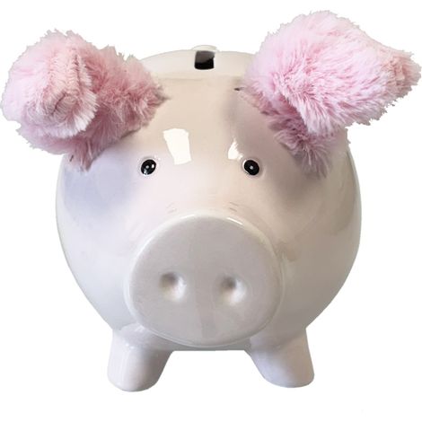 Tirelire cochon rose en céramique oreilles en peluche (1/2)