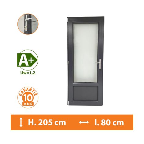 Direct Fenêtres – Porte-fenêtre PVC 1 vantail gris anthracite – Ouverture à la française – H.205 x l.80 cm – Isolation thermique A+ – Sécurité 5 points (1/5)