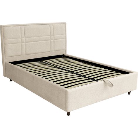 SANEL - Lit double en tissu beige avec coffre 140x190 cm (1/5)