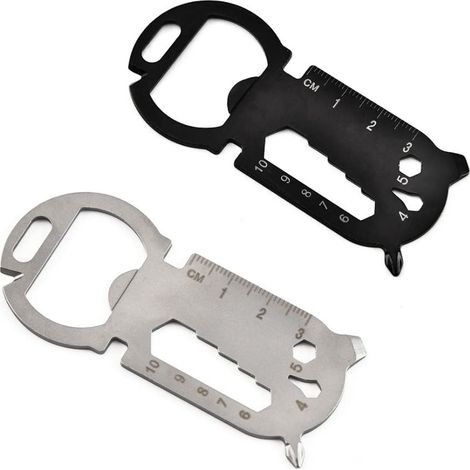 2-teiliges multifunktionales Outdoor-Set mit Flaschenöffner, multifunktionaler EDC-Werkzeugkarte, Schraubenschlüssel, Messer, Schraubendreher, Inbusschlüssel usw. (schwarz, silber) (1/5)