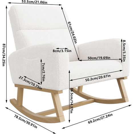 Eifson – Fauteuil à bascule scandinave en tissu sherpa – Dossier inclinable – Accoudoirs avec poches de rangement – Pieds en bois massif – 69x78x87cm