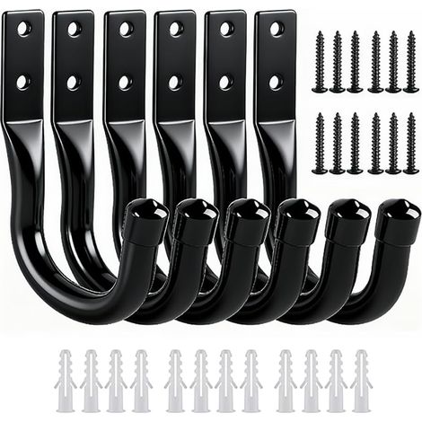 6 Pcs Crochet Mural Garage, Support Velo Mural Noirs, Accroche Velo Mural, Crochets de Rangement pour échelle de Garage, Crochets en J, Crochets Muraux Robustes pour Garage Vélos Outils électriques (1/5)