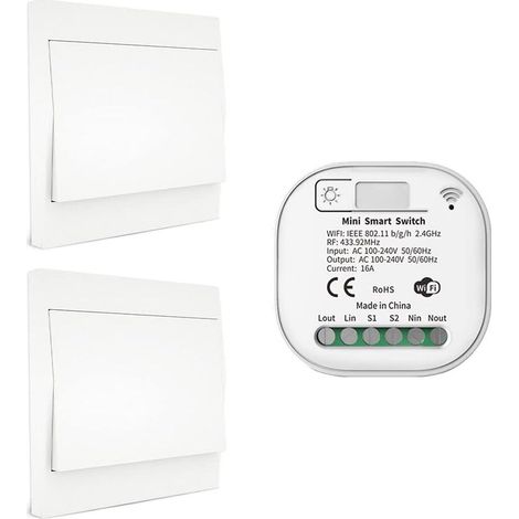 Interrupteur d'éclairage sans fil RF433 et WiFi - sans batterie ni hub - compatible Alexa, Google Home, Tuya - kit 2 interrupteurs et 1 récepteur (1/4)