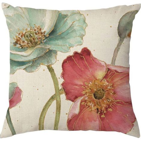 Housse Coussin - Lin Naturel - Motif Fleuri Printemps - Pour Canapé Lit Salon Extérieur - 45x45 cm - Lot de 4 (1/5)