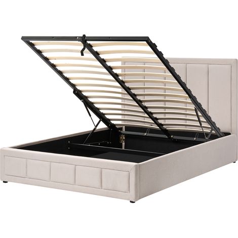 Cama con almacenaje minimalista cabecero tapizado tela base elevable con somier de láminas diseño acolchado beige 140 x 200 cm Quiberon