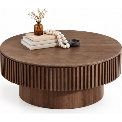 ELVMI Tavolino da salotto rotondo con vano contenitore e coperchio, in MDF impiallacciato, per soggiorno o ufficio, 75 cm (1/5)