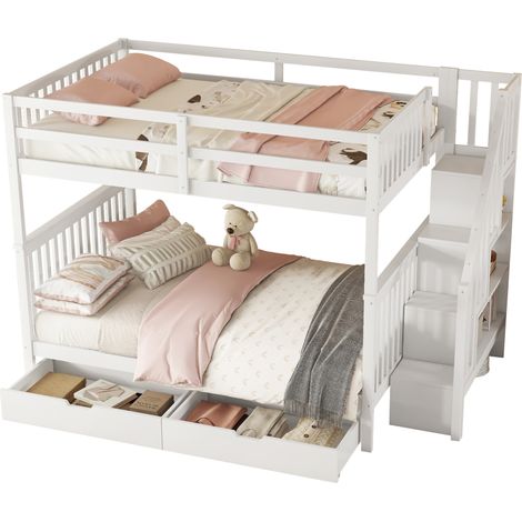 Lit superposé 140x200 cm avec escalier, 2 tiroirs et rangements, barrières hautes, blanc, bois de pin et MDF, certifié EN747-1, pour chambre enfant CHICFURN (1/5)