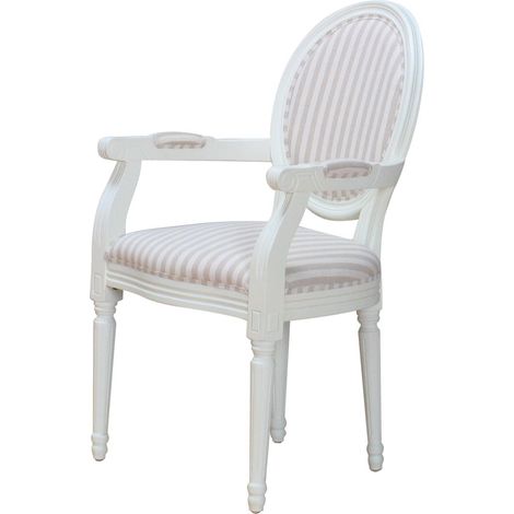 Rokoko/Amaretta Chaise de salle à manger avec accoudoirs, blanc antique, tissu Beige rayé. (1/5)