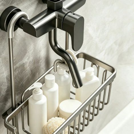 Panier de rangement suspendu pour pommeau de douche, étagère de douche métallique sans perçage, support suspendu pour shampoing, gel douche et articles de toilette, gris pistolet, 40 cm (1/5)