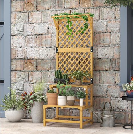 Soporte para plantas de madera de 2 niveles con celosía 60 x 50 x 166 cm amarillo OKWISH (1/5)