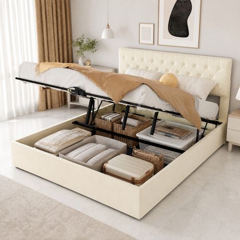 DESMIU Lit double 160 × 200 cm avec tête de lit capitonnée, rangement sous le lit, sans matelas, en tissu beige