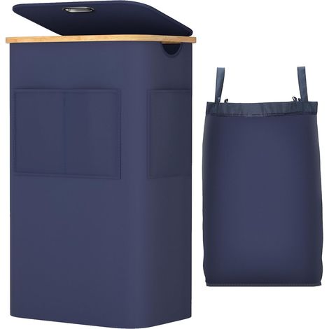 Panier à Linge avec Couvercle, 105L Grand Corbeille à Linge avec Poignées en Bambou, Bac à Linge en Tissu 600D Oxford Imperméable avec sac Amovible pour Buanderie Chambre à coucher Salon, Bleu (1/5)
