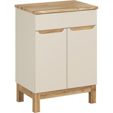 Badezimmer-Set ERMANO Kaschmir und Eichenoptik 60cm: Unterschrank + abgeschrägte Waschtischplatte