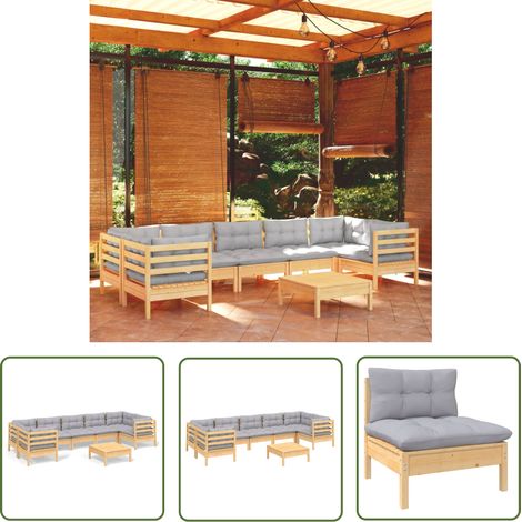 The Living Store Salon de jardin 8 pcs avec coussins gris Bois de pin - Ensemble Salon De Jardin - Mobilier De Jardin - Salon De Patio - Meubles De Jardin - Bois De Pin (1/5)