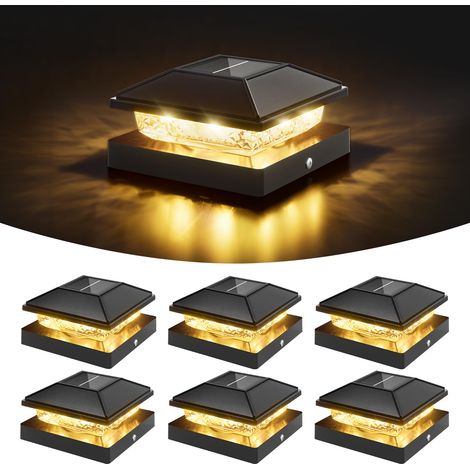 Lot de 6 capuchons de poteau pour clôture solaire 10,2 x 10,2 cm - Étanches - Noir - Blanc chaud - Pour 4 x 4 en bois/4 x 4 en vinyle (1/5)