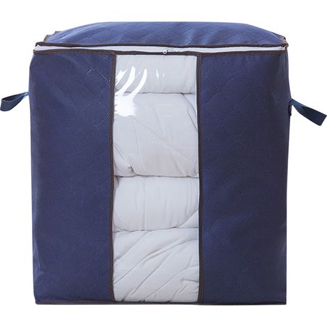 Sac de rangement pour couette avec fermeture éclair, en tissu non tissé épais, pour le rangement des vêtements et autres articles ménagers, format vertical, bleu marine. (1/5)