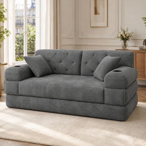 Divano letto a 3 posti in velluto a coste grigio scuro, schienale alto, 208 x 80 x 81 cm, OKWISH (1/5)
