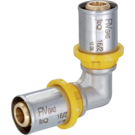 Raccordo curvo doppio intermedio a pressare per multistrato gas  Pollici: 16x16 mm (1/3)