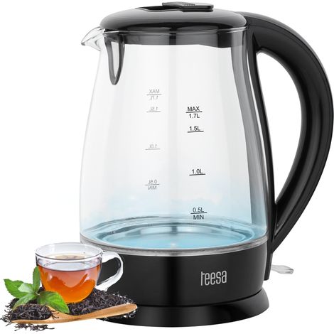 Hervidor eléctrico inalámbrico Teesa, de cristal, negro, 2200 W, 1,7 L (1/5)