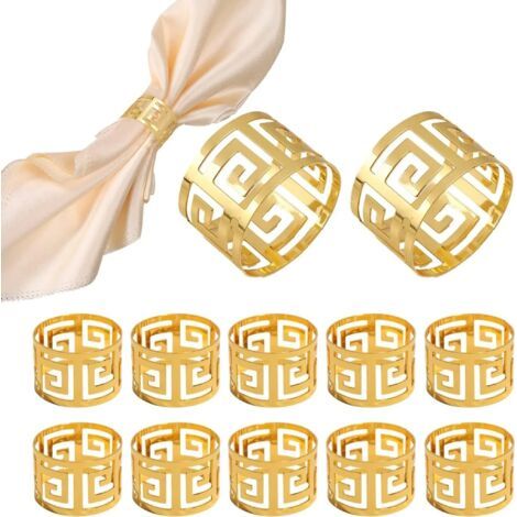 Lot de 12 ronds de serviette en métal, anneaux de serviette dorés ajourés, ronds de serviette de banquet, décoration de table pour Noël, le Nouvel An, un anniversaire, un mariage ou un dîner.