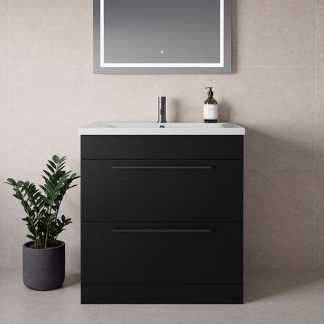 Napoli 460 Nero Oak 800mm 2 Drawer Vanity Unit with Glide Basin - 800mm - Gunmetal Grey 480mm Handle
