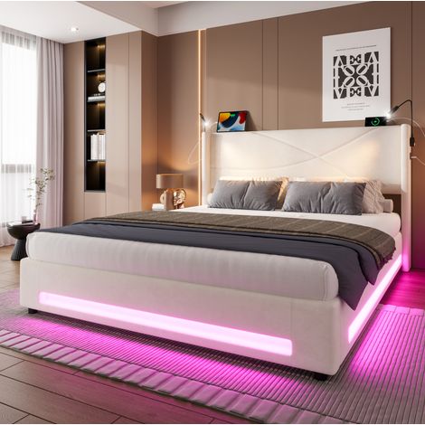 Letto contenitore 160x200 cm, letto matrimoniale con 2 lampade da lettura, pannello LED, rete a doghe e porta USB, beige, senza materasso (1/5)