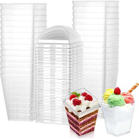 50x Dessertgläser 160ml mit Deckel – Quadratische Servierbecher Mehrweg für Pudding, Mousse & Party
