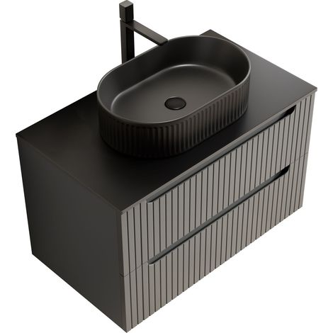 Mobile Bagno Sospeso 80x46x62.2 cm, con Lavabo a Ovale Nero e Piano Sinterizzato, 2 cassetti, Ceramica e Pietra Nera (1/5)