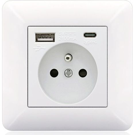 – Panneau de prises françaises Type-C + USB 16A – 2 prises – 1 port USB – 1 port Type-C – Installation horizontale/verticale – Design élégant blanc (1/3)