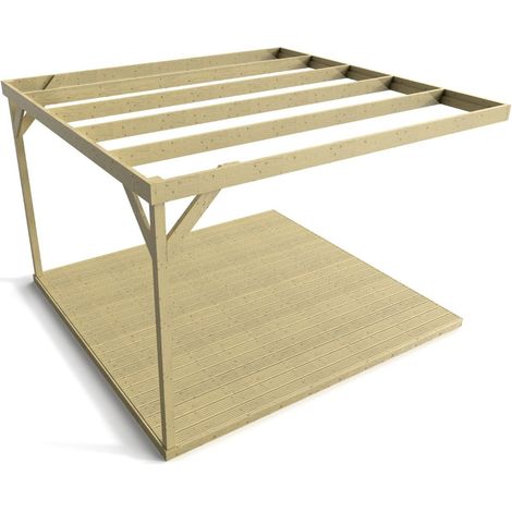 Wall-mounted box pergola and decking, complete DIY kit (3m x 3m, Light green (natural) finish) (1/5)