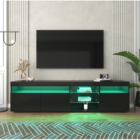 Meuble TV MDF noir brillant 180x35x48 cm, 3 portes, éclairage LED multicolore, plateau aspect verre (1/5)