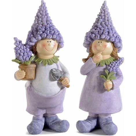 Coppia di folletti della lavanda decorativi in resina da appoggiare, set da 2 pezzi, cm 9 x 7,5 x 20 H