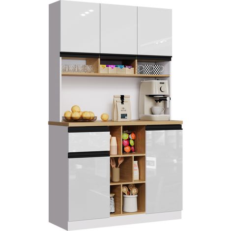 Küchenbuffet Hoch mit 2 Türen, 1 Schublade, Offenen Fächern und Verstellbaren Einlegeböden, aus MDF, 105x45x185 cm, Weiß (1/5)