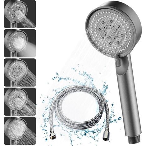 Pommeau de Douche Haute Pression, Pommeau de Douche Économie d'Eau 5 Modes Réglable, Pommeau de Douche Économique, Douchette Douche Salle de Bain, Pommeau de Douche avec 1.5M Tuyau (Grey Set) (1/5)