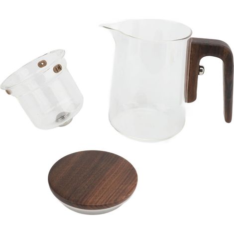Teiera in vetro OVAQUIXI da 600 ml con manico in legno e comando a pressione, ideale per casa e ristoranti. Dotata di sistema di separazione magnetica dell'acqua con trasparenza garantita.