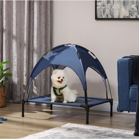 Lit pour chien surélevé 76x61x73 cm en acier bleu foncé avec baldaquin, transportable pour extérieur (1/5)