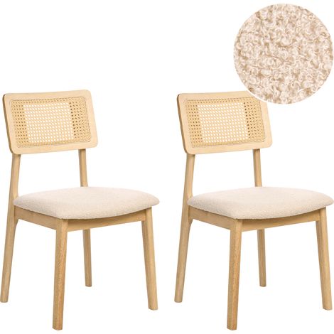 Conjunto de 2 sillas de comedor asientos bouclé respaldo ratán sintético estructura caucho lacado sin reposabrazos retro marrón claro Embar (1/5)