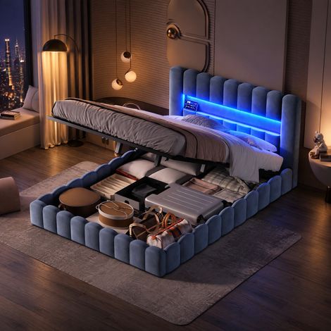 JOOKGBD-Polsterbett Bubble Bett 180x200 cm, Doppelbett mit Hydraulisch Stauraum, Stauraumbett mit USB und LED, Jugendbett mit bettkasten, Boxspringbett mit Lattenrost,Ohne Matratze,Hellgrau