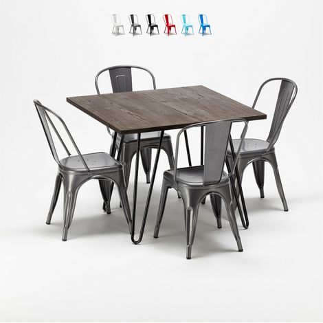 conjunto de mesa cuadrada madera y sillas en metal en estilo industrial pigalle - Gris (1/5)