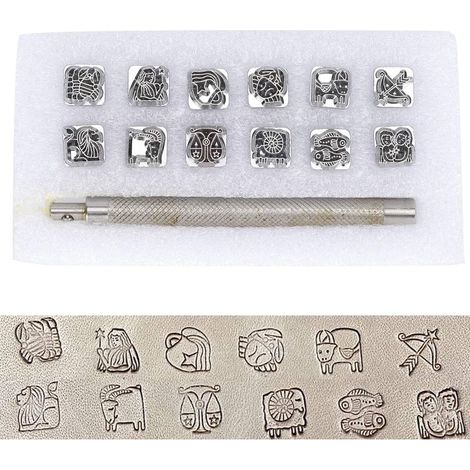 Herramienta para estampar letras, punzón para estampar metal, 12 piezas de herramientas de estampado de aleación de zinc para manualidades en cuero y 1 mango para metal, madera, letras (1/5)