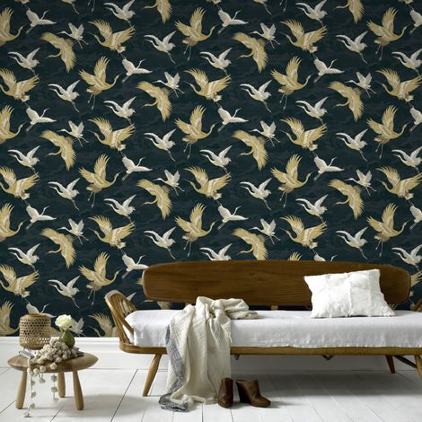 Papier peint intissé OIseaux Grues 1005 x 52cm Bleu