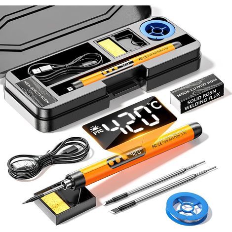 Kit Fer à Souder Sans Fil Rechargeable USB – Température Réglable, Écran Numérique – Batterie 1000 mAh – Avec 3 Pointes, Support, Colophane, Étui – Orange (1/5)